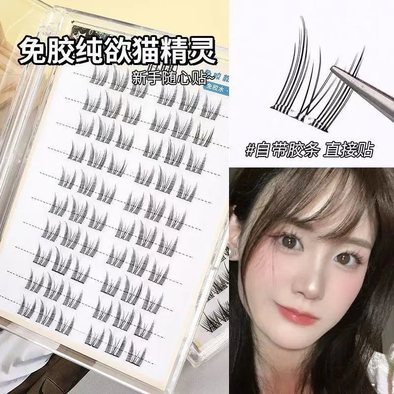 Set of false eyelashes with a magnified close-up and a person wearing them.