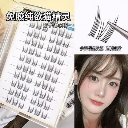 Set of false eyelashes with a magnified close-up and a person wearing them.