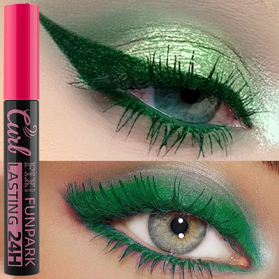 Green eye makeup with Funpark eyeliner and close-up of product packaging.