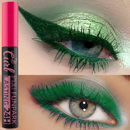 Green eye makeup with Funpark eyeliner and close-up of product packaging.