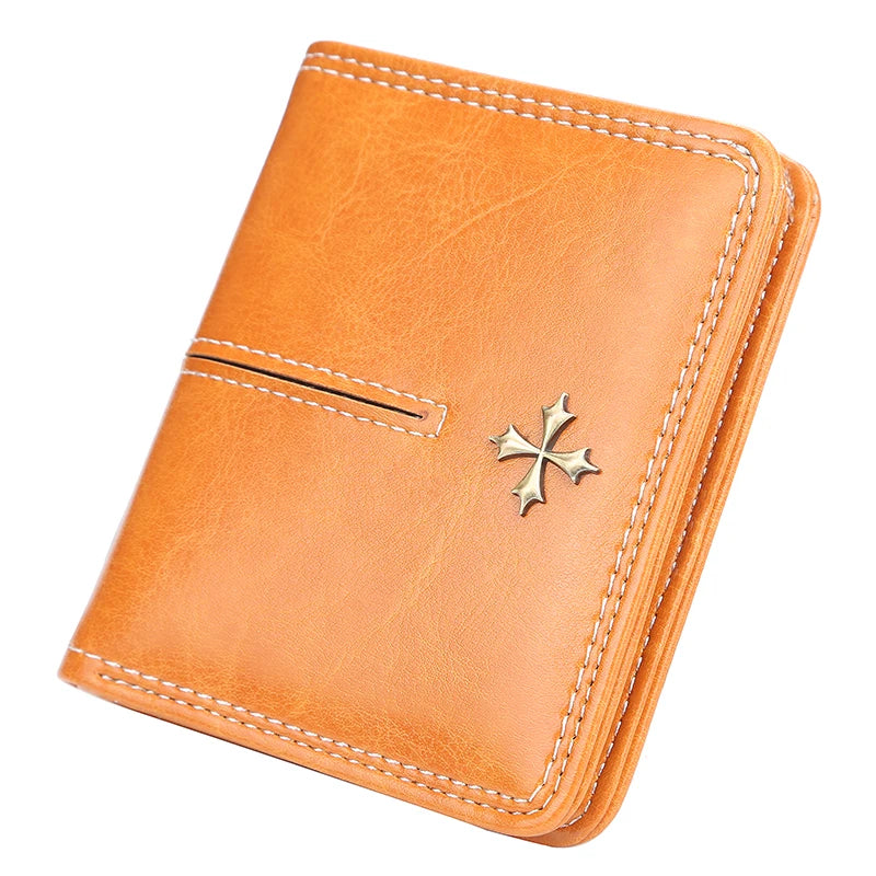 Orange leather wallet with a silver cross emblem on a white background
