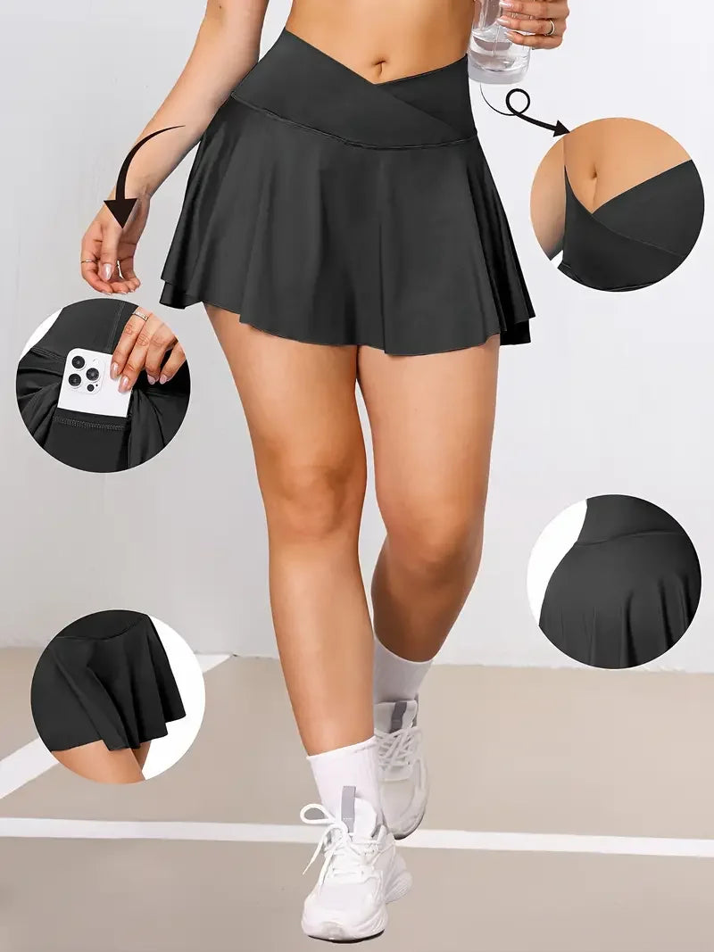 Person wearing a black tennis skirt with close-up insets showing different angles.