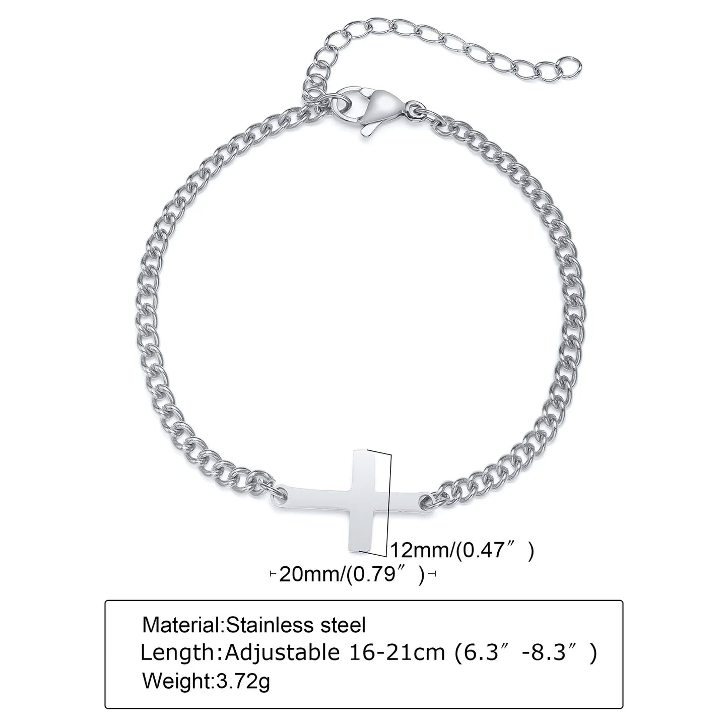 Silver chain bracelet with a cross pendant on a white background