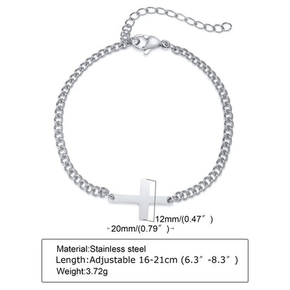 Silver chain bracelet with a cross pendant on a white background