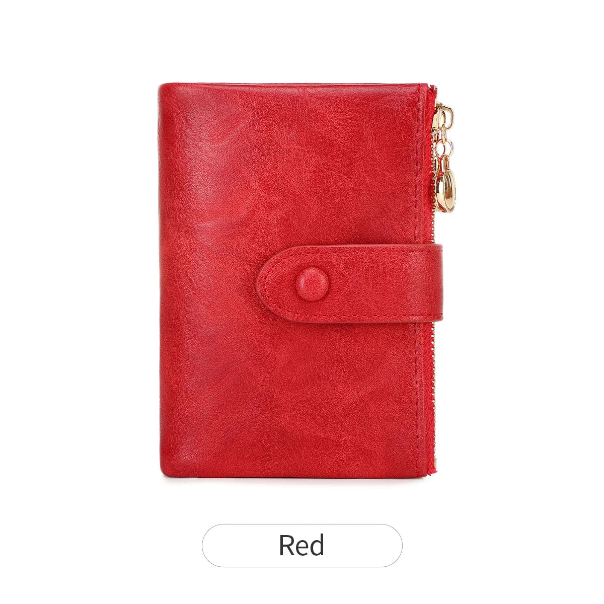 Red wallet with a gold zipper on a white background