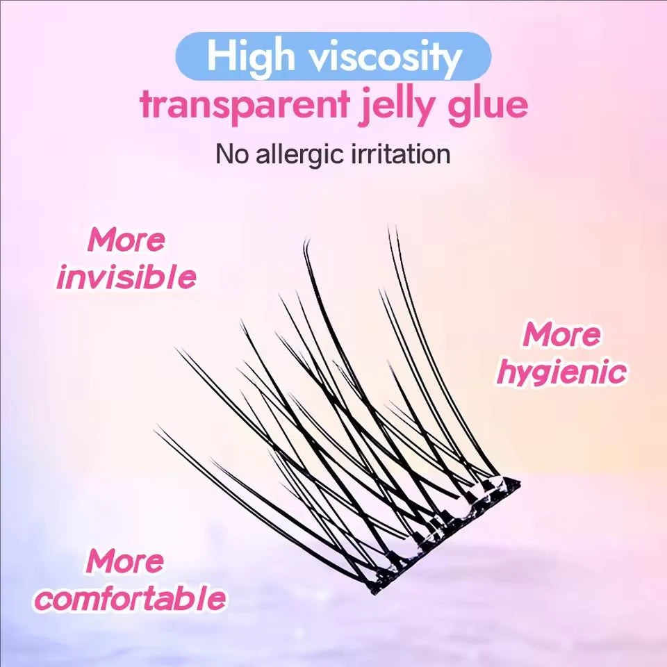 False eyelashes with text highlighting high viscosity, transparent jelly glue, no allergic irritation, more invisible, more hygienic, and more comfortable.