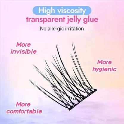 False eyelashes with text highlighting high viscosity, transparent jelly glue, no allergic irritation, more invisible, more hygienic, and more comfortable.