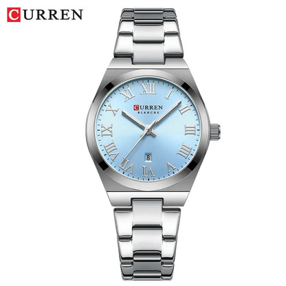 Silver Curren watch with a blue face on a white background