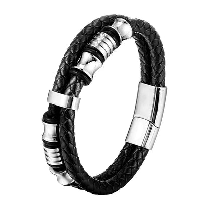 Black braided leather bracelet with silver metal clasp on a white background