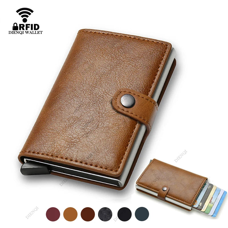 Brown leather wallet with card holder on a white background, featuring the brand 'Dienqi Wallet'.