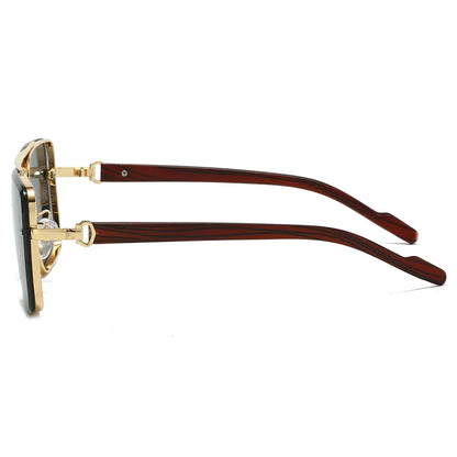 Sunglasses with brown frame and gold accents on a white background