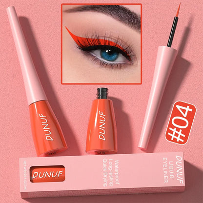 DUNUF liquid eyeliner set with packaging on a pink background