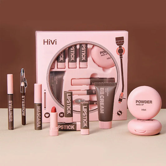 Hivi makeup set with pink and brown products on a beige background