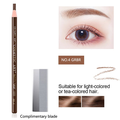 Eyebrow pencil with a blade, close-up of an eye, and color swatches on a white background.