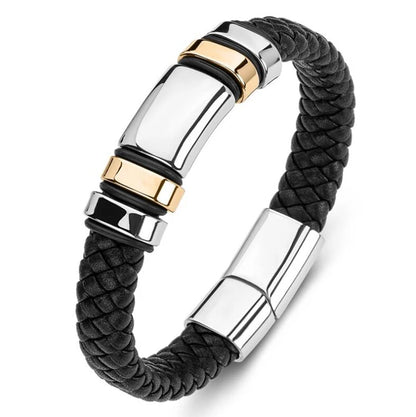 Black braided leather bracelet with silver and gold accents on a white background