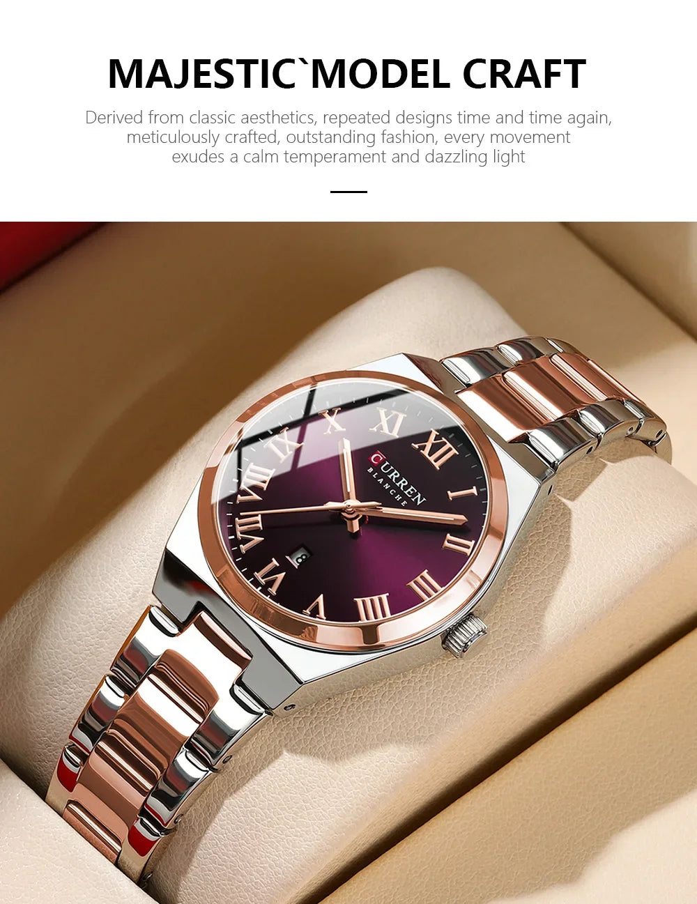 Luxury watch with purple dial and rose gold accents on a beige surface