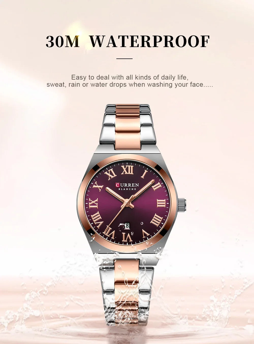 Watch with rose gold and silver band on a light background