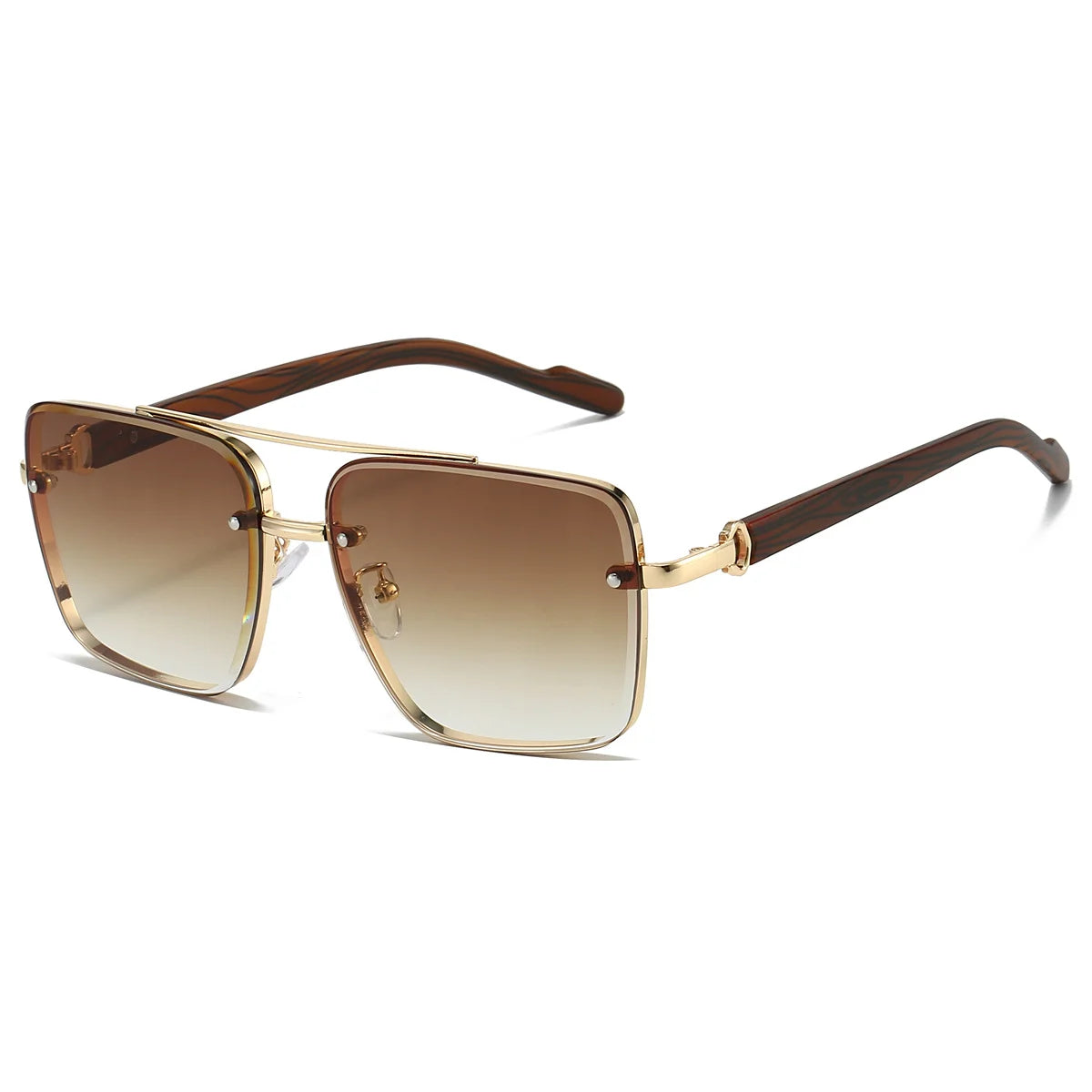 Sunglasses with gold frame and brown gradient lenses on a white background