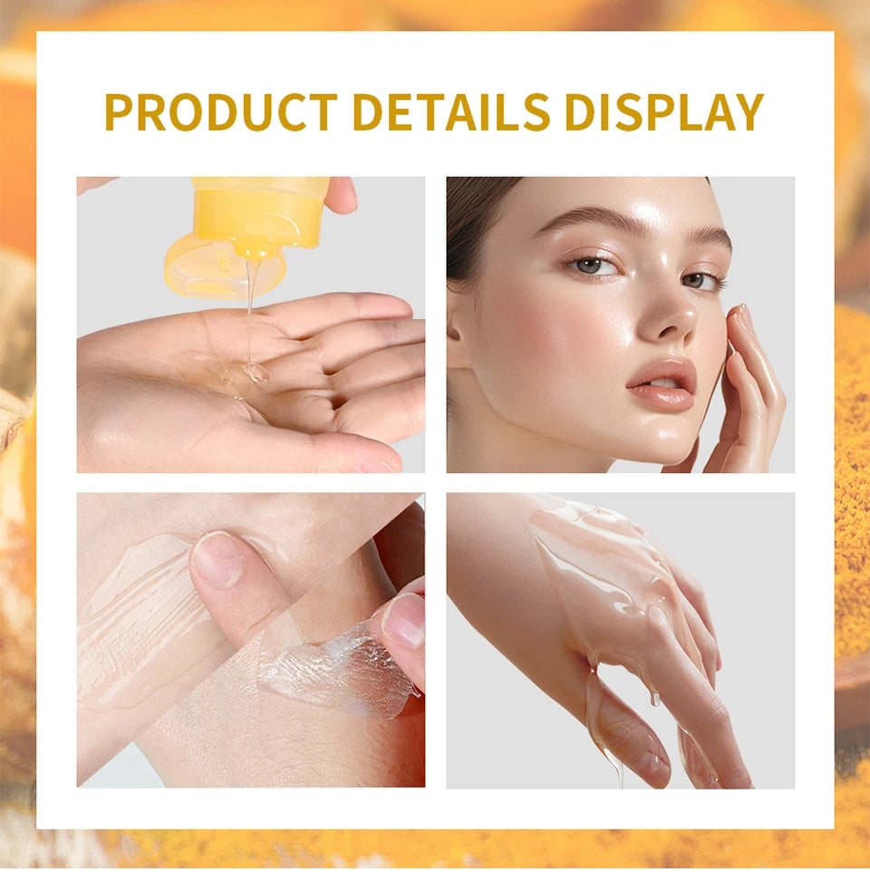 Product usage display with close-ups of application on skin and hands.