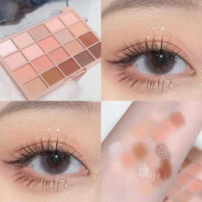 Makeup palette with eyeshadow swatches and close-ups of eyes with makeup.