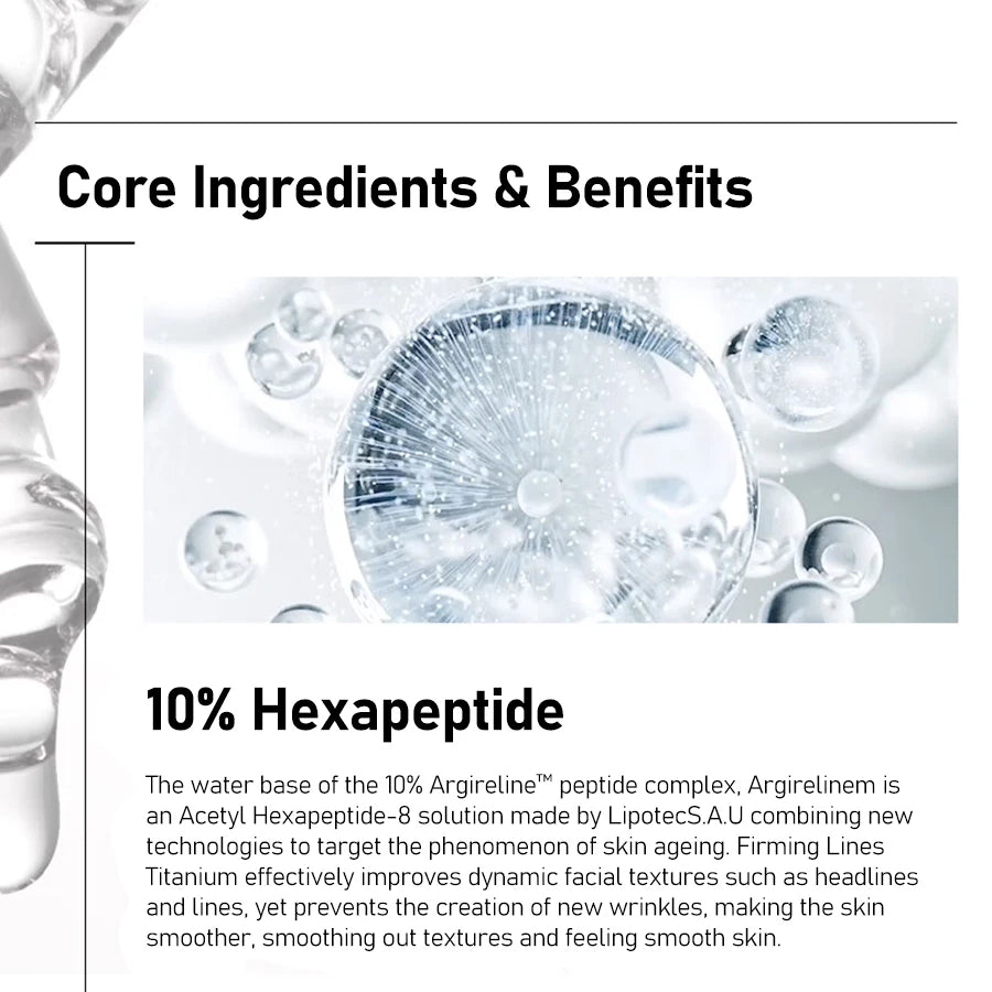 Product packaging with text about 10% Hexapeptide and its benefits for skin.
