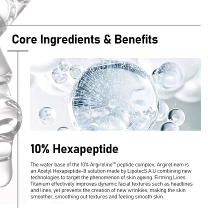 Product packaging with text about 10% Hexapeptide and its benefits for skin.