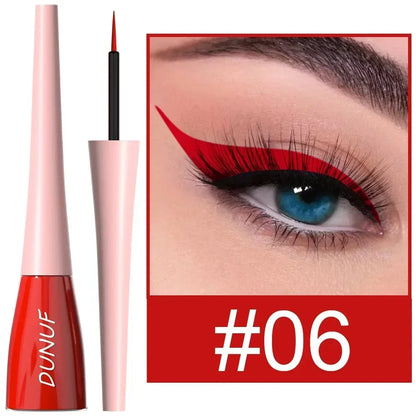 Red eyeliner pen with pink casing and close-up of eye wearing red liner, brand 'DUNUF' visible.