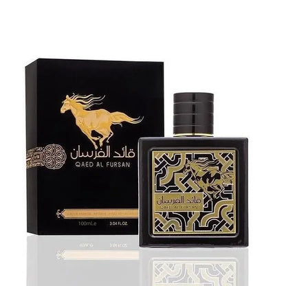 Perfume bottle and packaging of 'Qaed Al Fursan' on a white background