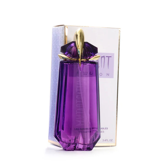 Purple perfume bottle with gold cap and 'Mugler' branding on a white background