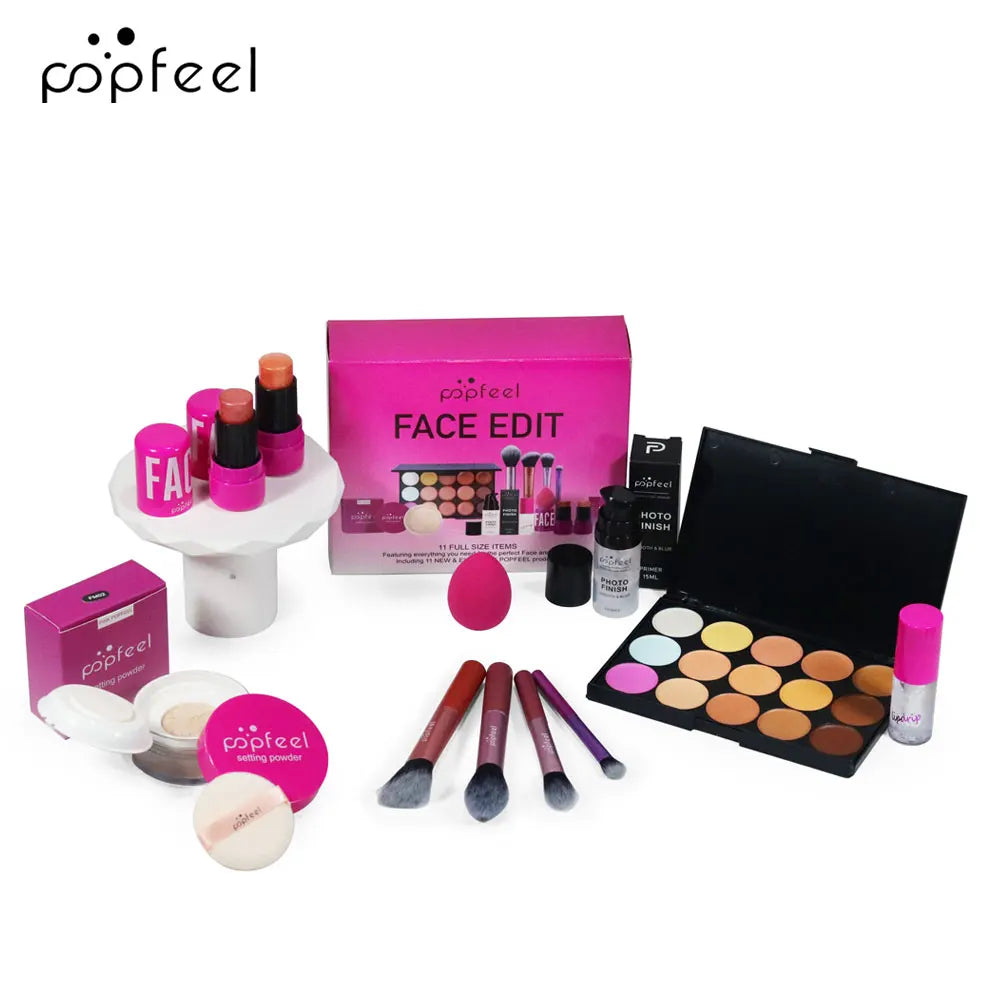 Makeup kit with various products including palettes, brushes, and lipsticks on a white background.