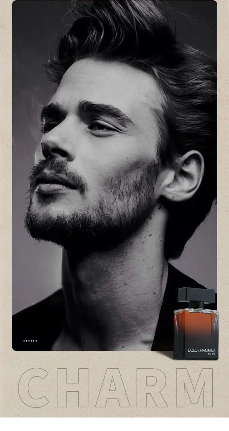 Black and white portrait of a man with a beard, featuring a Dolce & Gabbana cologne bottle.