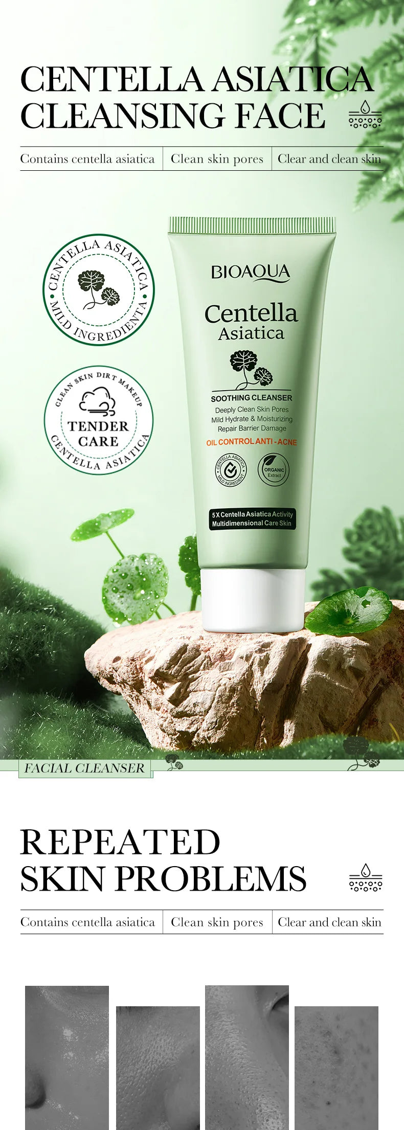 BioAqua Centella Asiatica cleansing face product with greenery and stone background