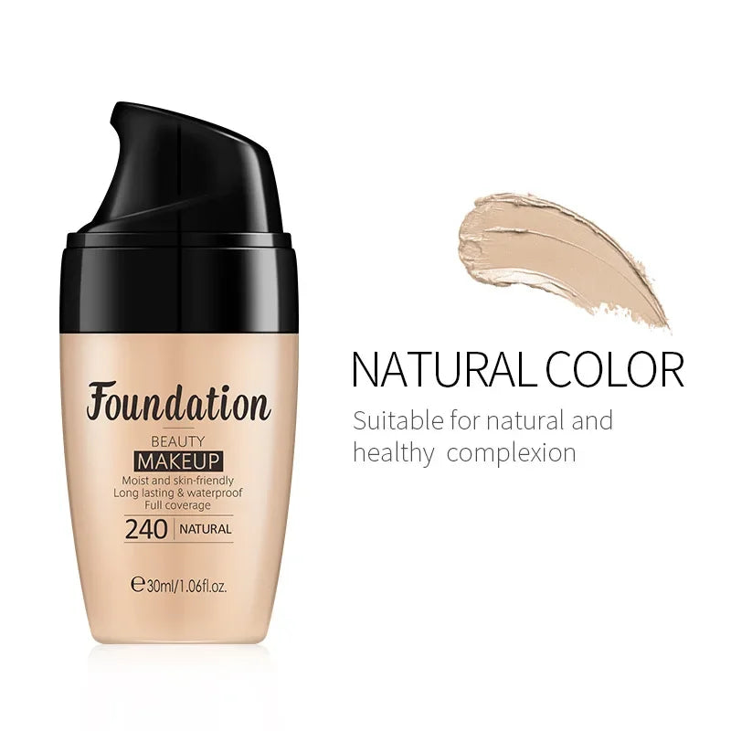 Foundation bottle with a swatch of natural color on a white background