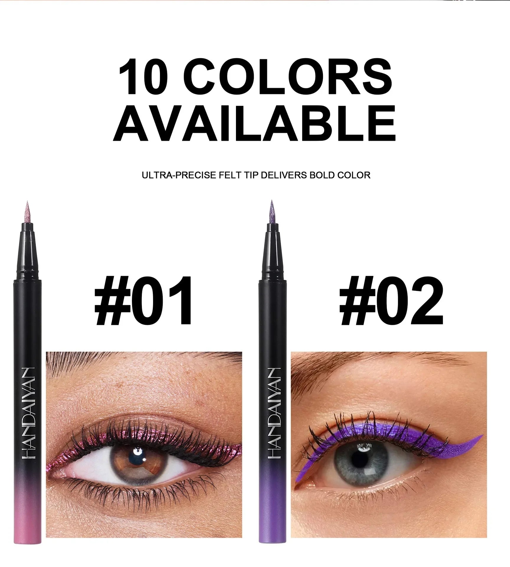 Eyeliner with two color options (#01 and #02) displayed on a white background.