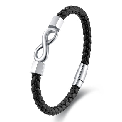Black braided leather bracelet with silver infinity symbol clasp on a white background