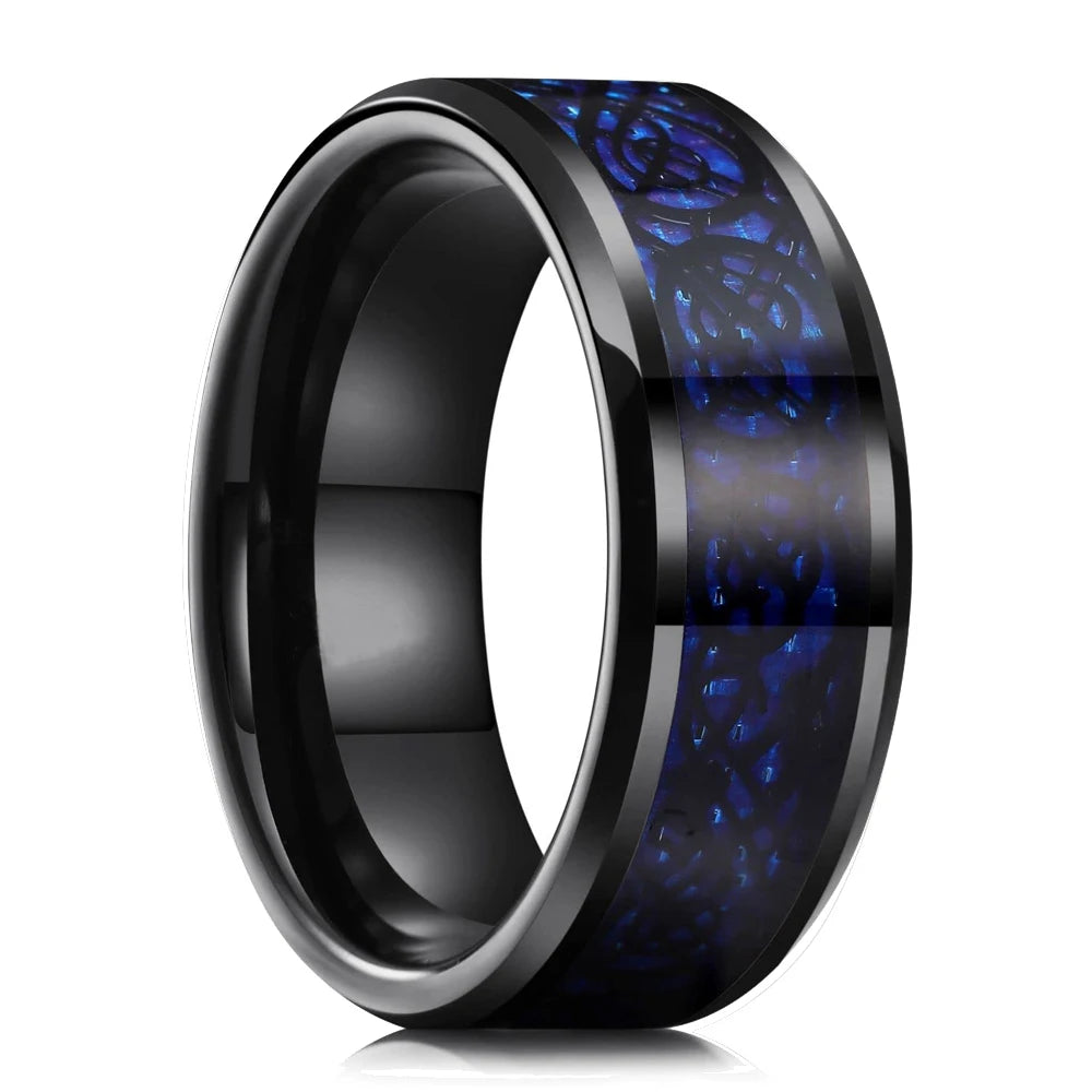 Black ring with blue carbon fiber inlay on a white background