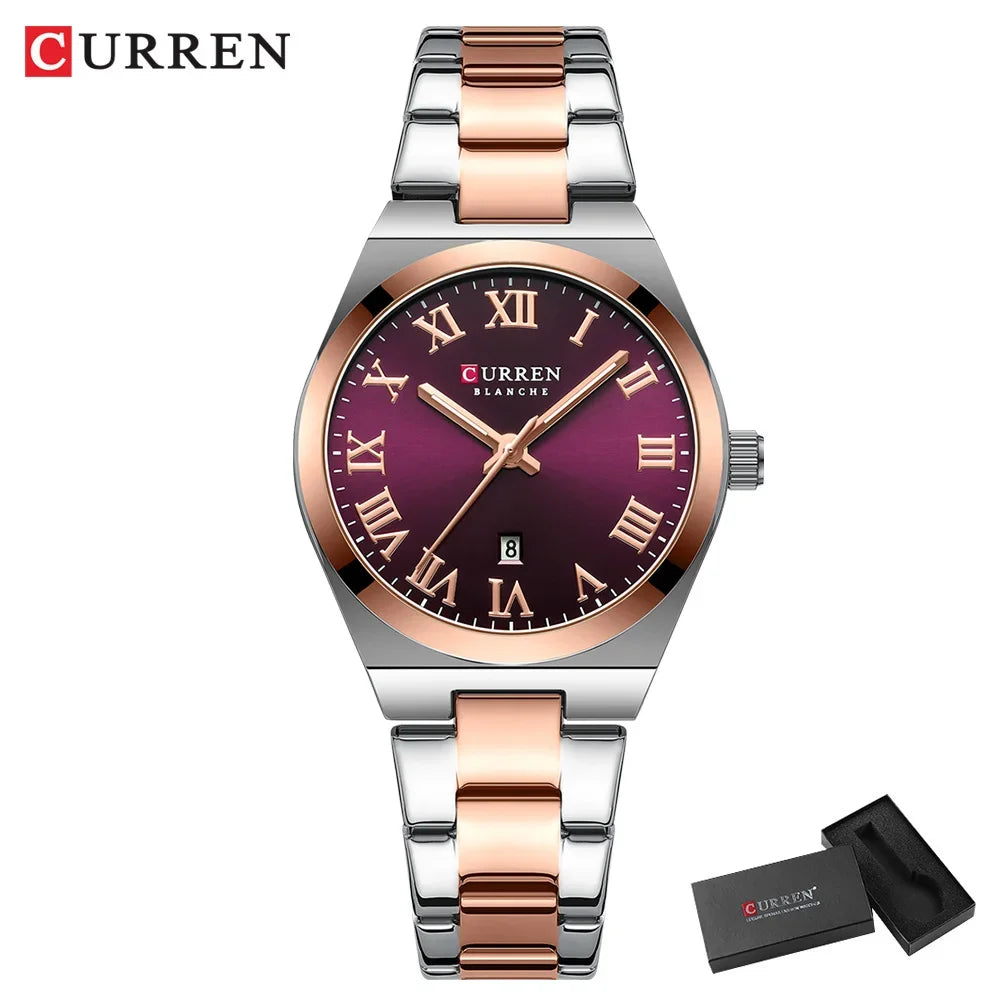 Curren watch with two-tone rose gold and silver band on white background
