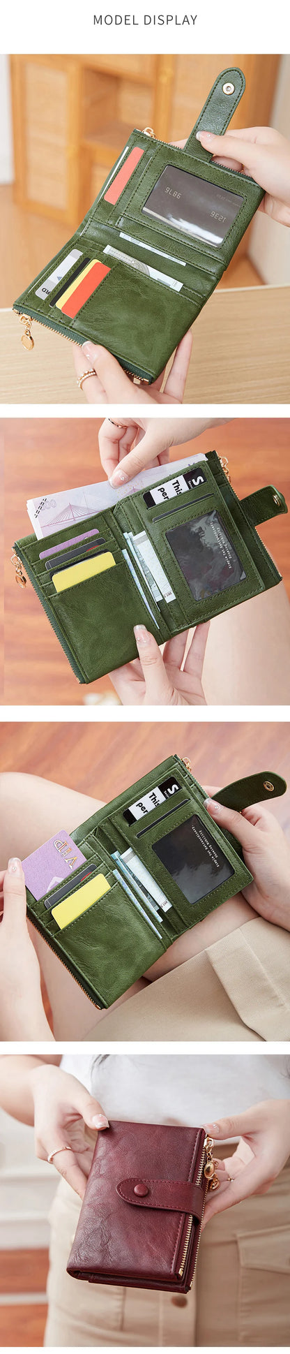 Collage of a green wallet being held by hands on a wooden surface.