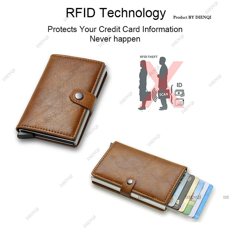 Brown RFID blocking cardholder with cards inside, showing how it protects credit card information.