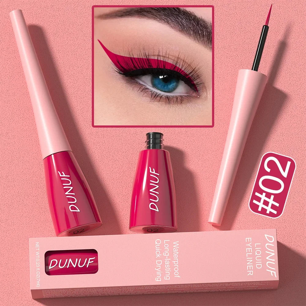 Dunuf liquid eyeliner set with packaging on a pink background