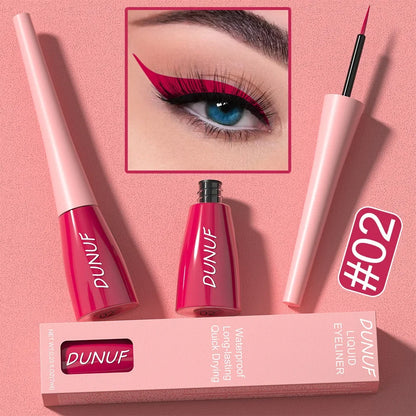 Dunuf liquid eyeliner set with packaging on a pink background