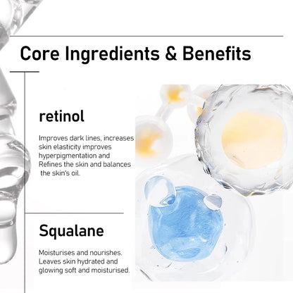 Product ingredients with retinol and squalane, shown in a clear container.