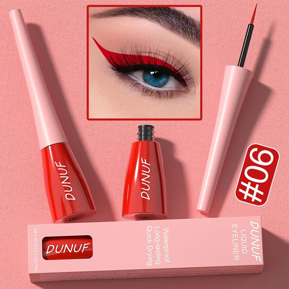 Dunuf liquid eyeliner set with packaging on a pink background