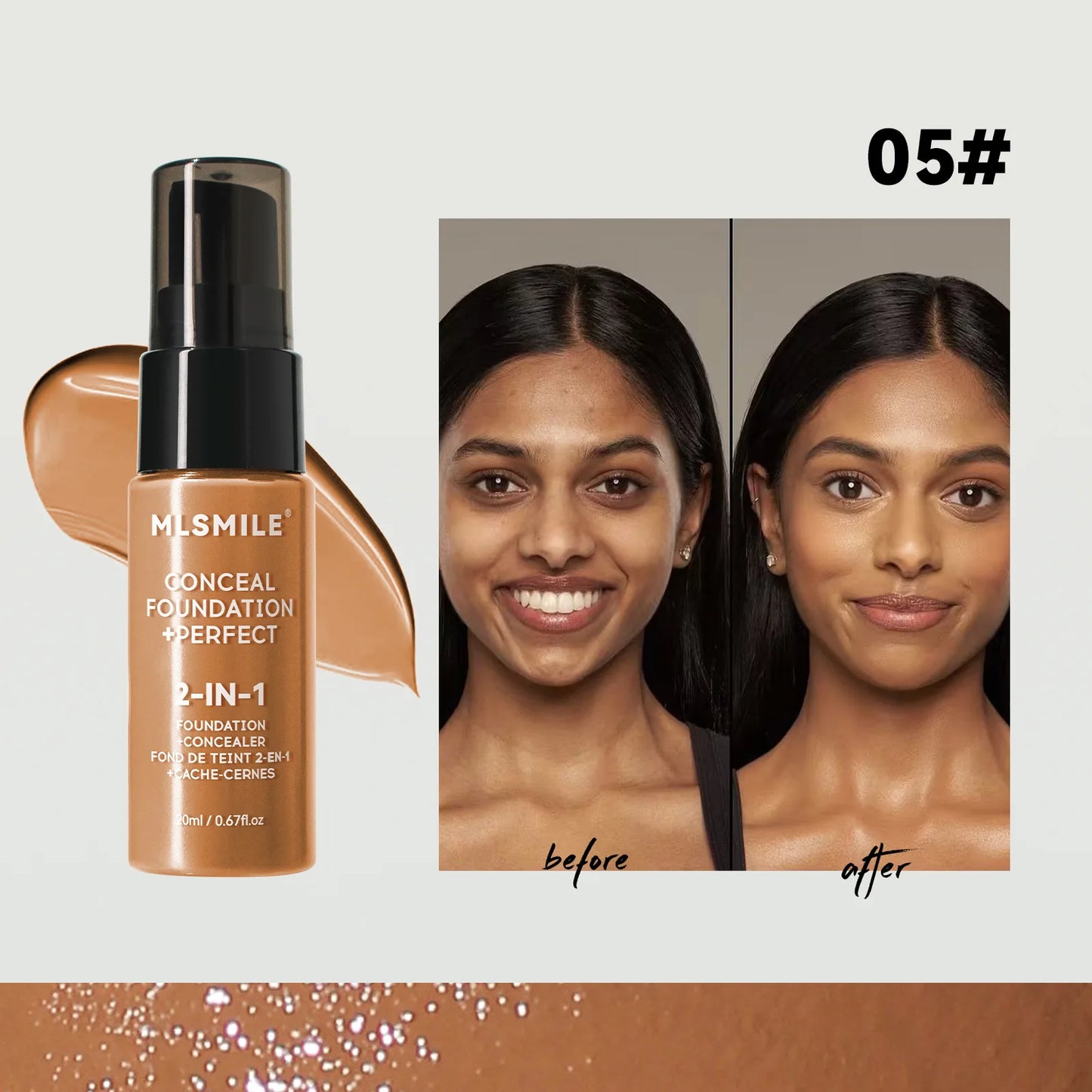MLSmile concealer foundation bottle with 'before' and 'after' makeup application on a woman's face.