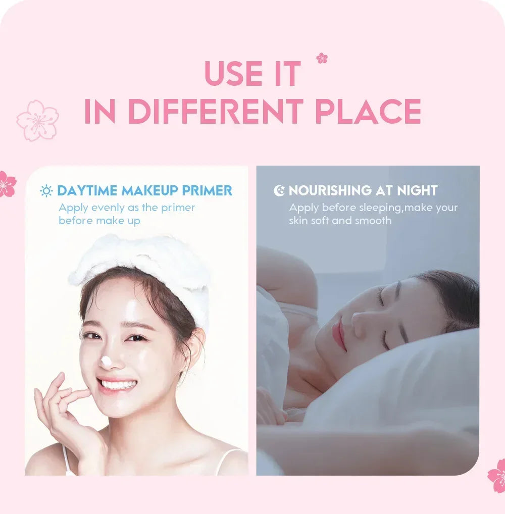 Advertisement for a skincare product with two images of a woman and text on a pink background.