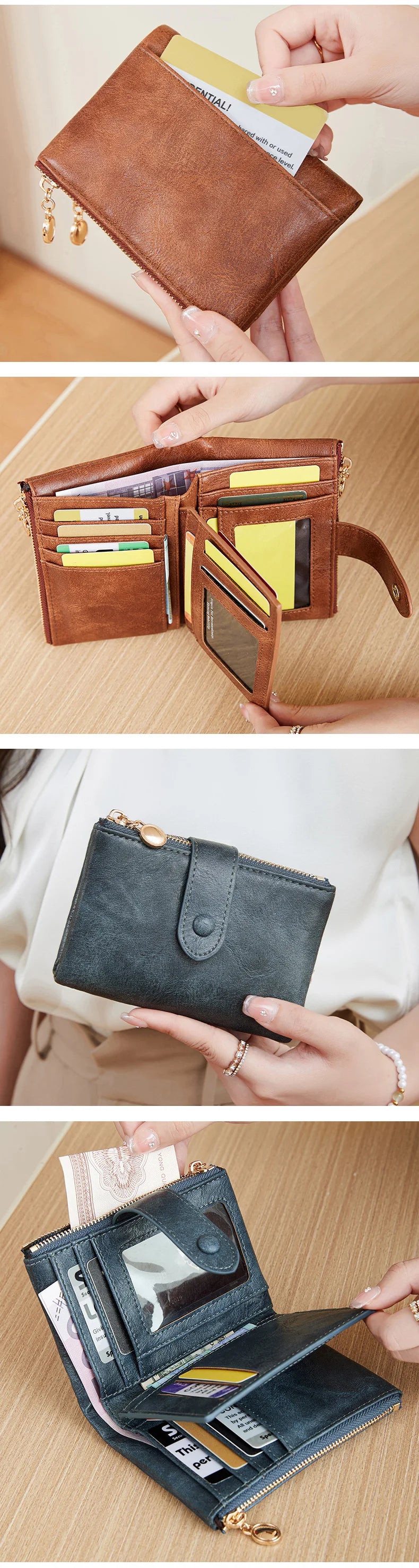 Collage of three wallets being held open to display their interior compartments.