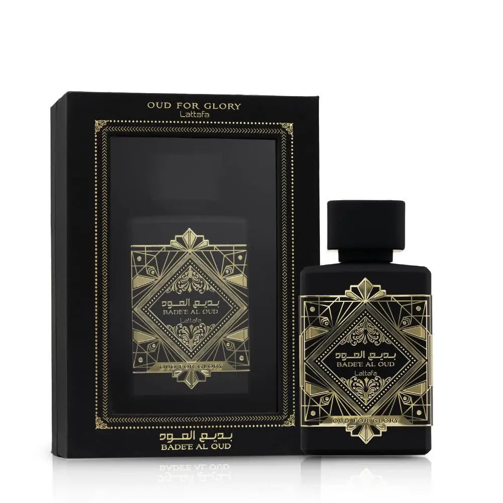 Black and gold perfume bottle and packaging with 'Oud for Glory' branding.