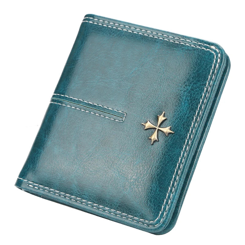 Blue leather wallet with a gold cross emblem on a white background