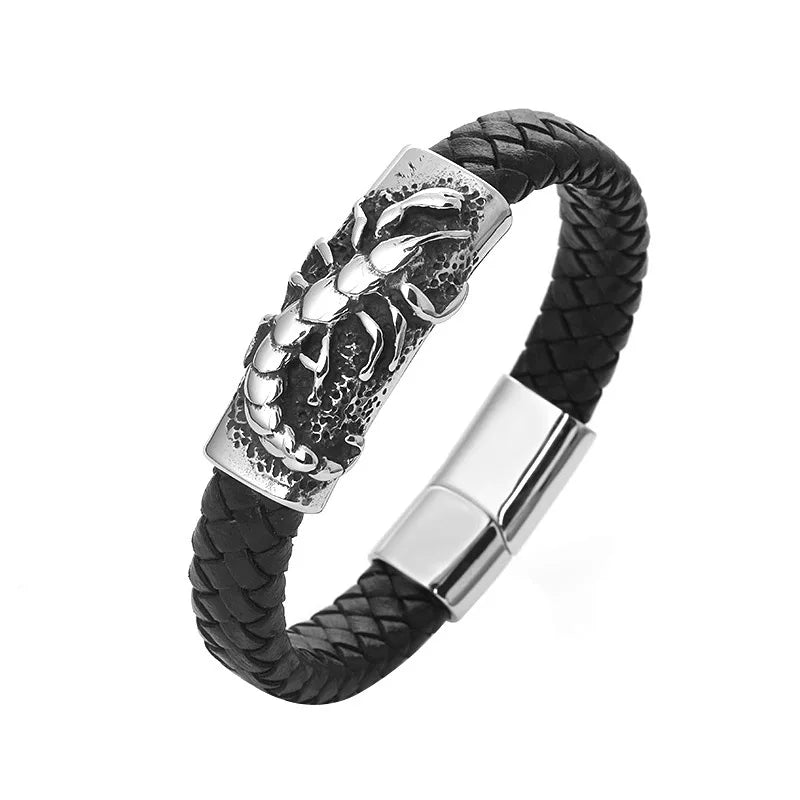 Black braided leather bracelet with silver clasp on a white background