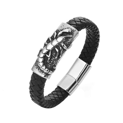 Black braided leather bracelet with silver clasp on a white background